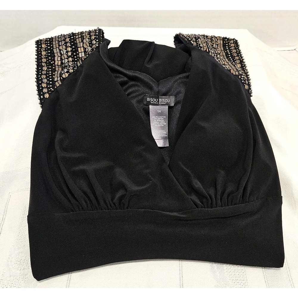Bisou Bisou Black Dress Size 14 Sleeveless, Shoulder Bling, Pockets, Deep V Neck